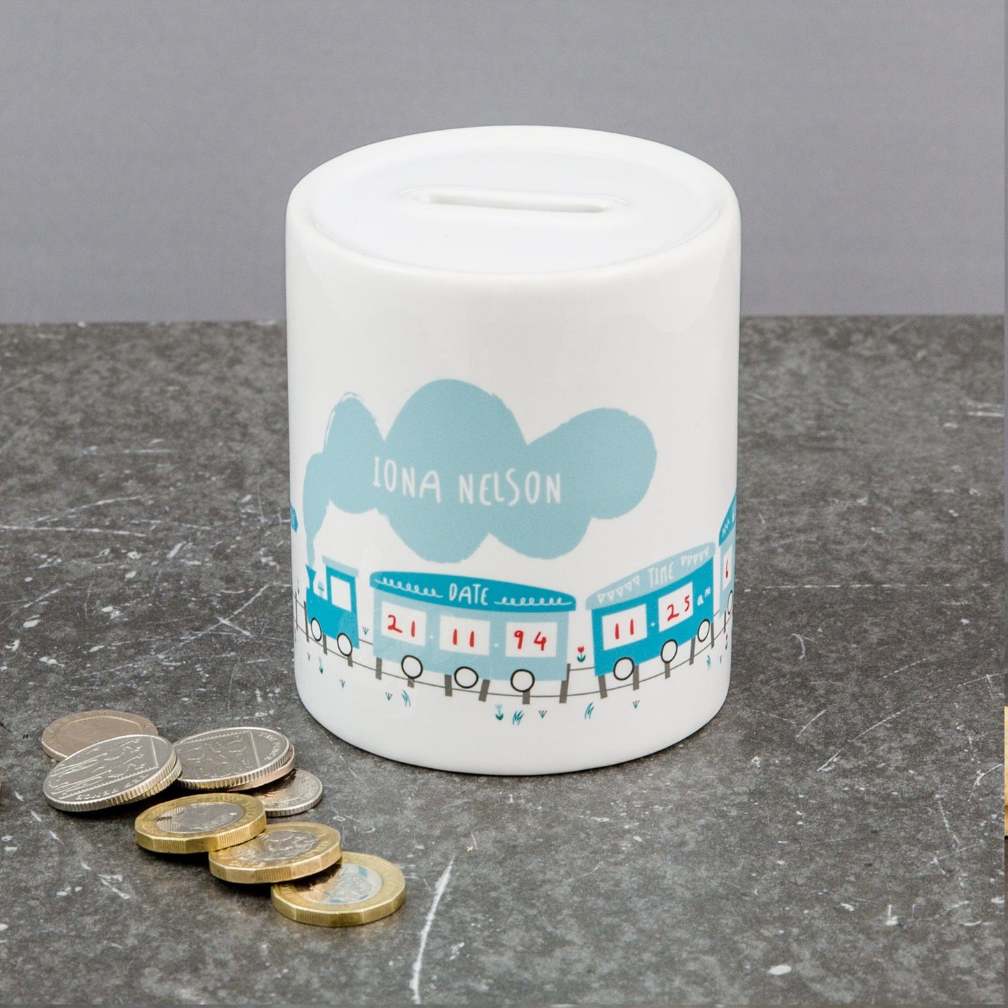 Custom New Baby Gift - Train Money Box Birth Announcement Personalised Name Date Time - For Modern Nursery