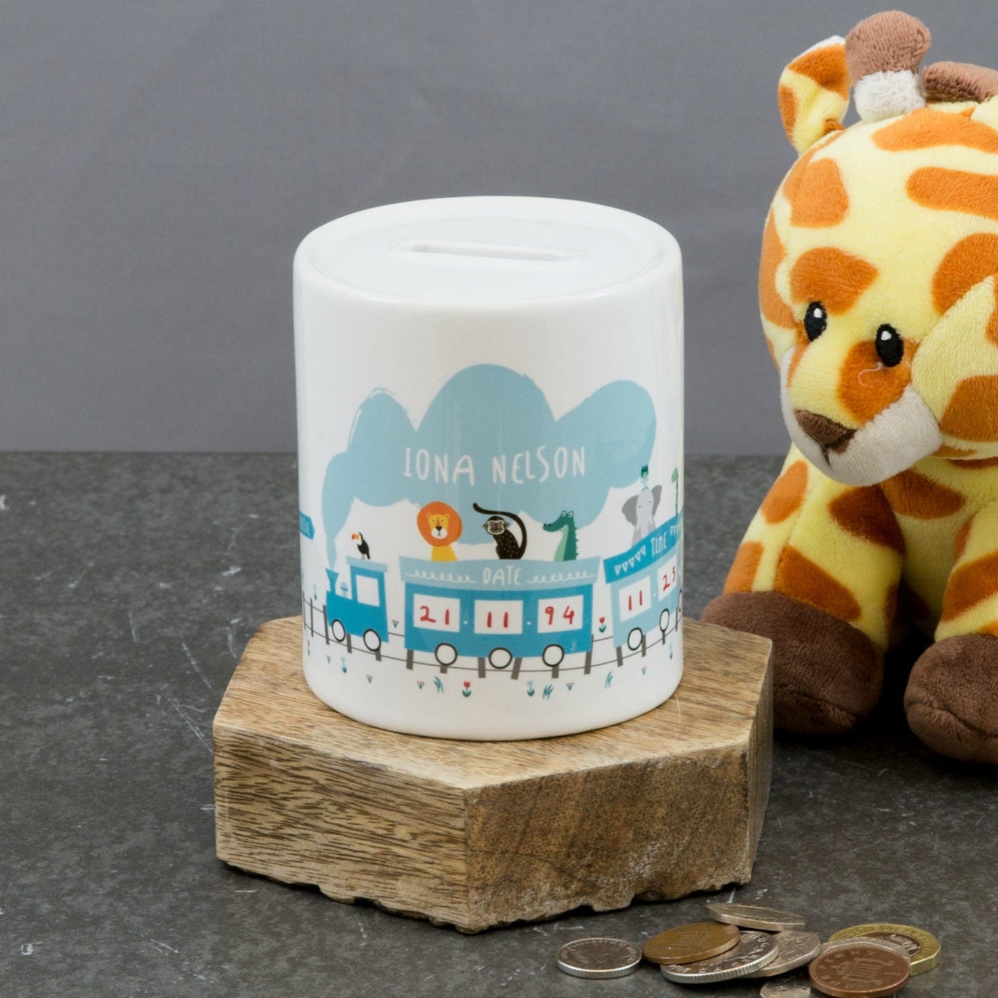 Personalised New Baby Gift - Adventure Animals On Train Money Box - Baby Gift