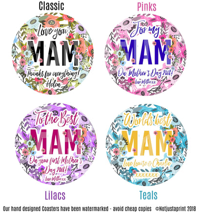 Mother's Day Gift - Fully Personalised Coaster with funky floral design - great for Mam, Ma, Mom, Nan, Grans