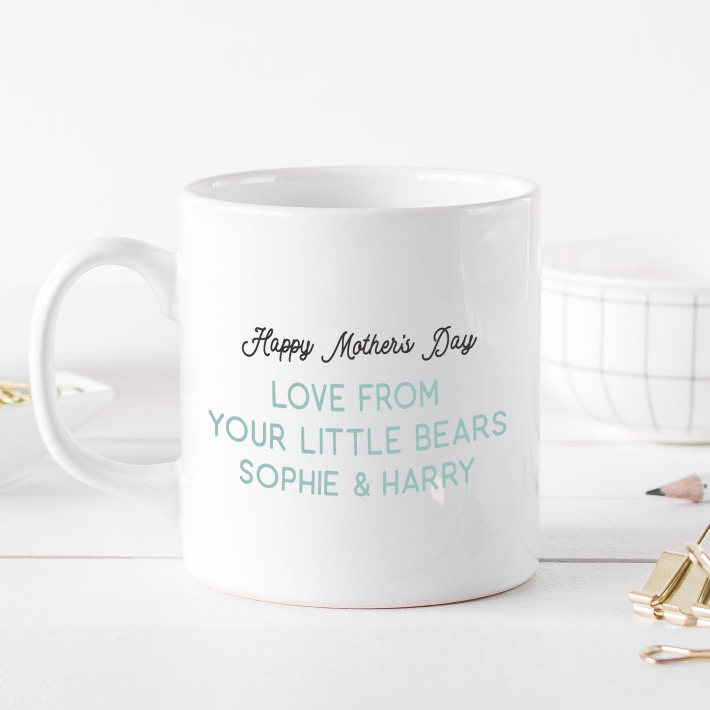 Mummy bear mug with 1 bear cub personalised with first baby date of birth