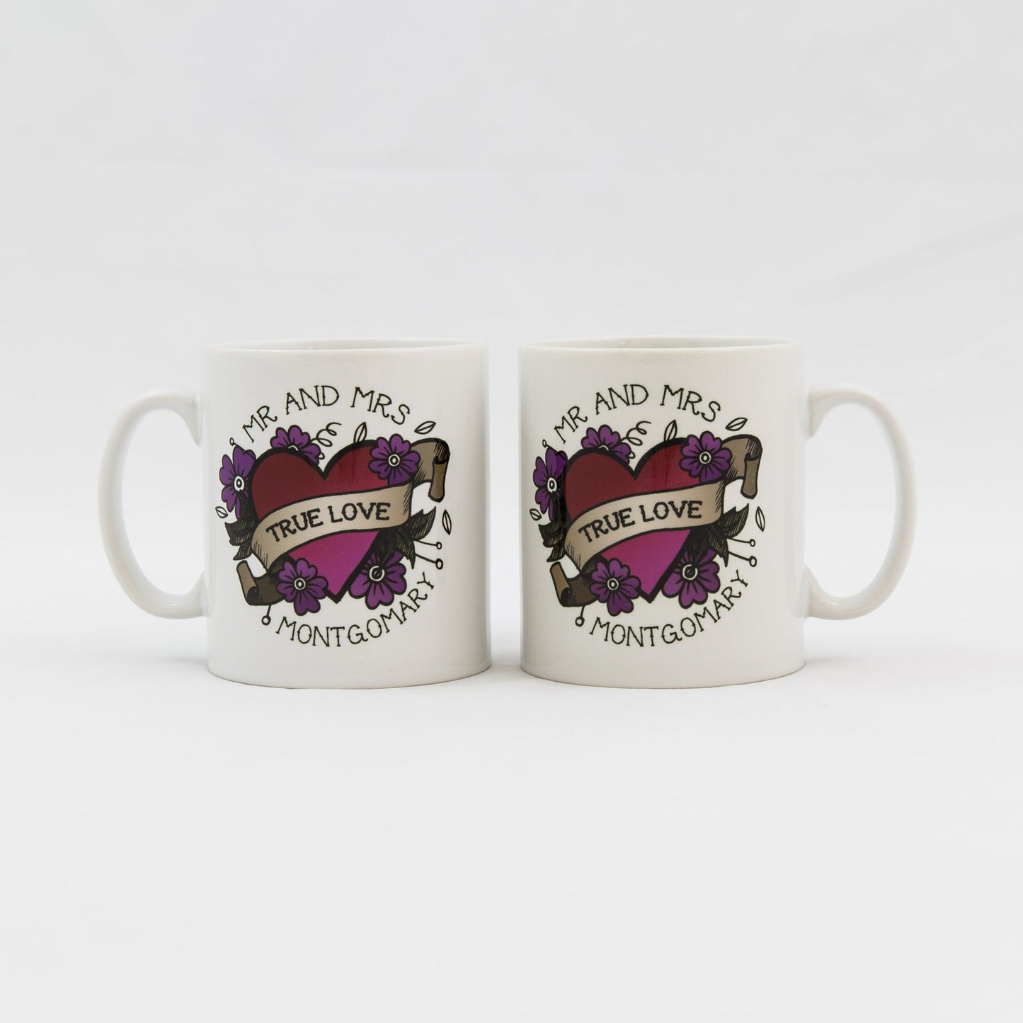 Mug Set For Couple - Sugar Skull Daisies And Illustrated Heart Tattoo Personalised - Wedding Gift