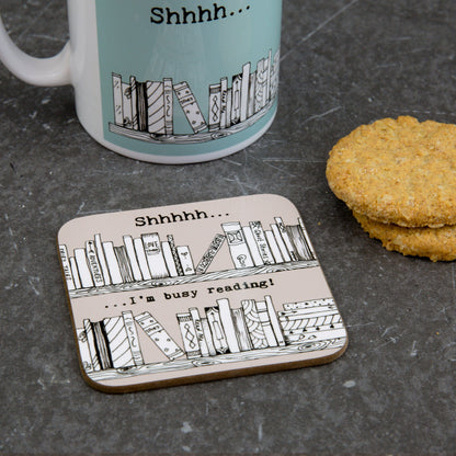 Shhh...I'm Busy Reading Mug & Coaster Gift Set - Ideal Gift For Book Lover - Reading Themed Present