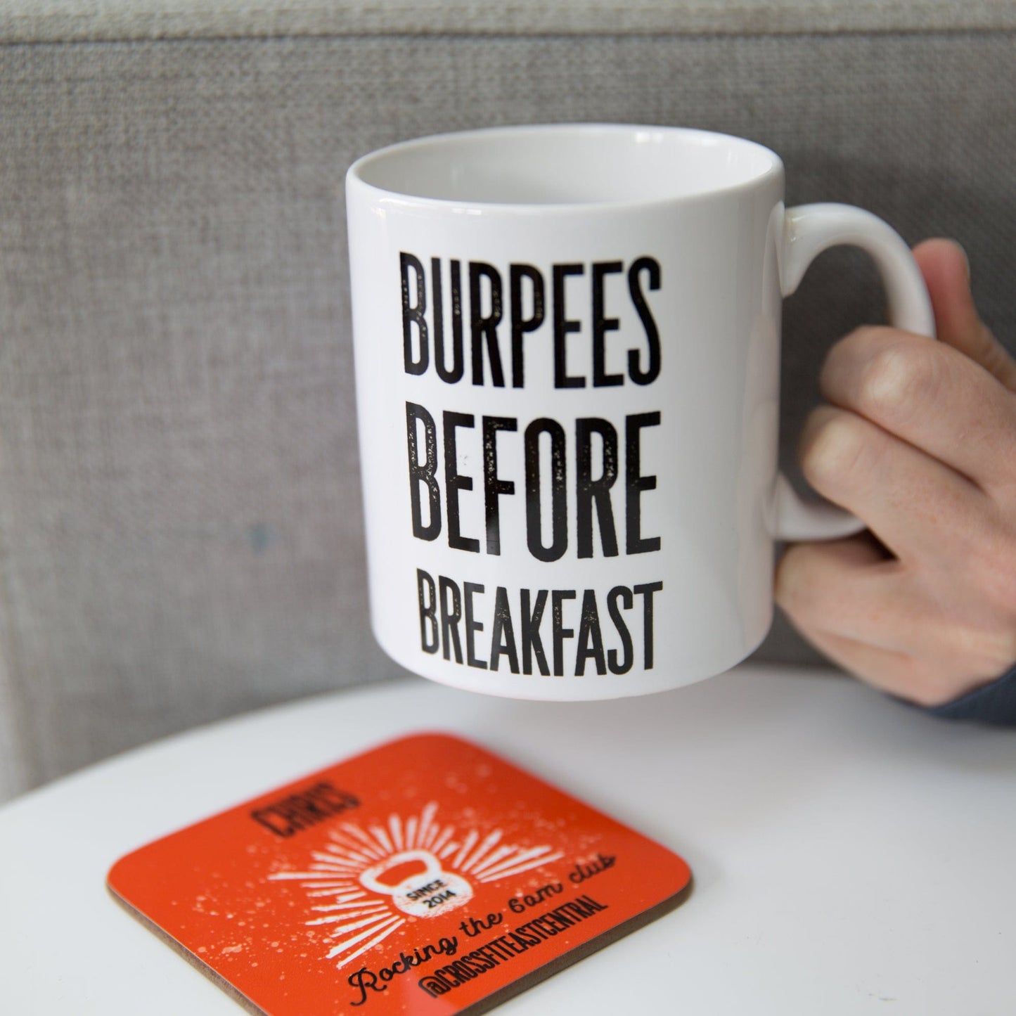 Crossfitter gift - Burpees before breakfast fun mug coaster set - crossfit fitness metcon secret santa