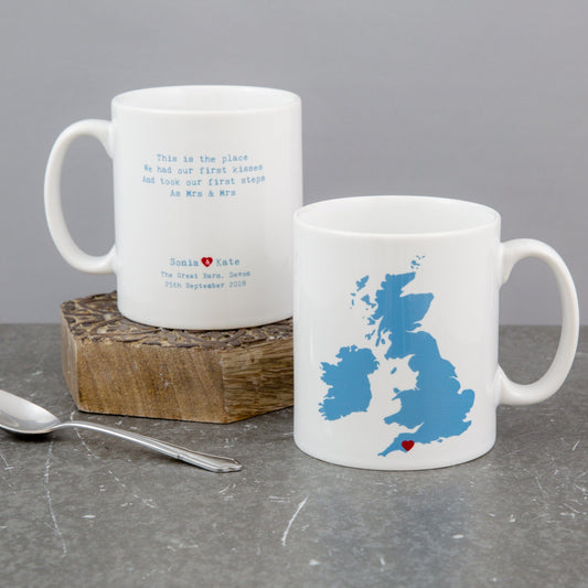 Wedding Gift - Personalised Heart Venue Location Map Mug With Poem - Mr & Mrs, Mr & Mr, Mrs & Mrs