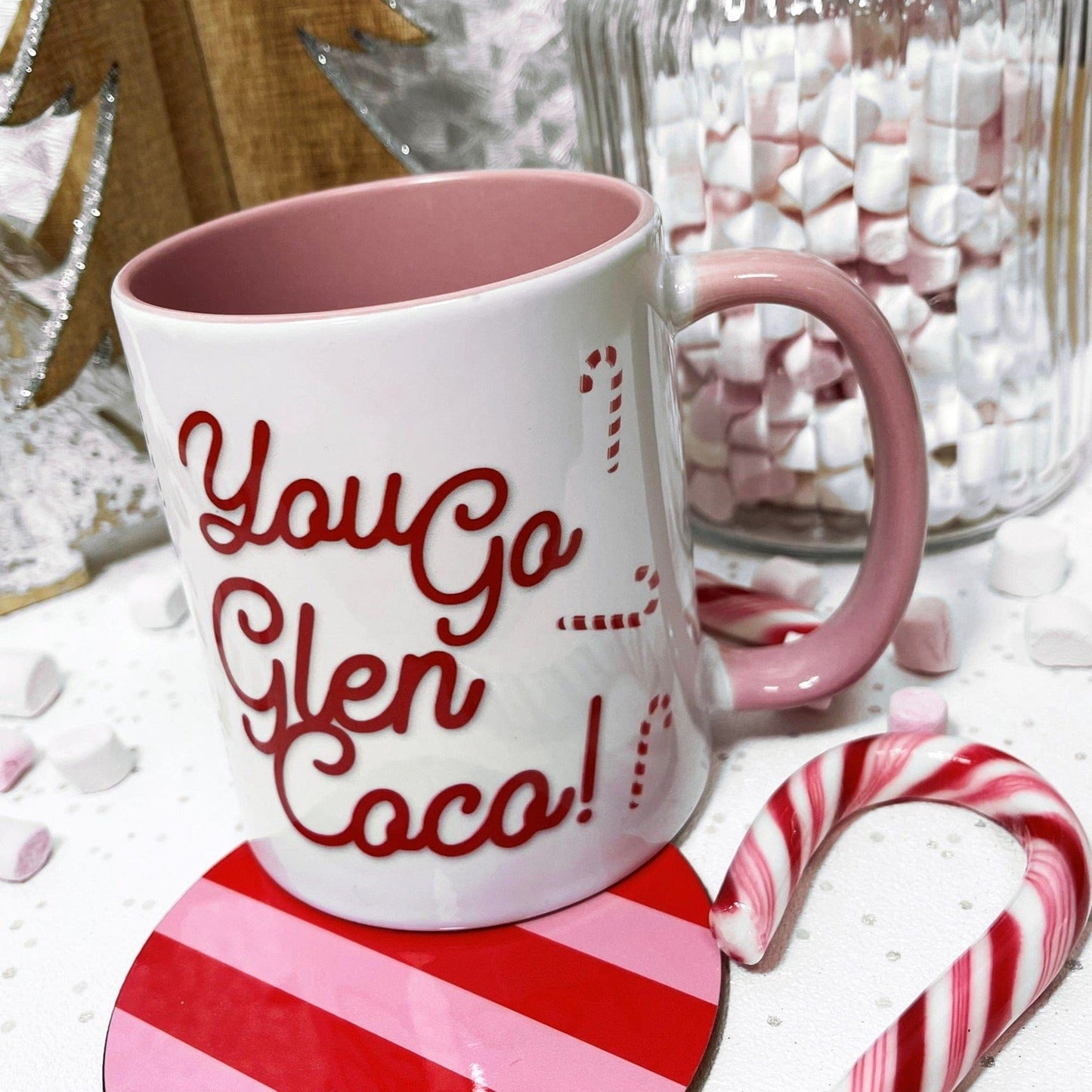 Mean Girls You Go Glen Co-Co mug with pink handle and candy cane decoration