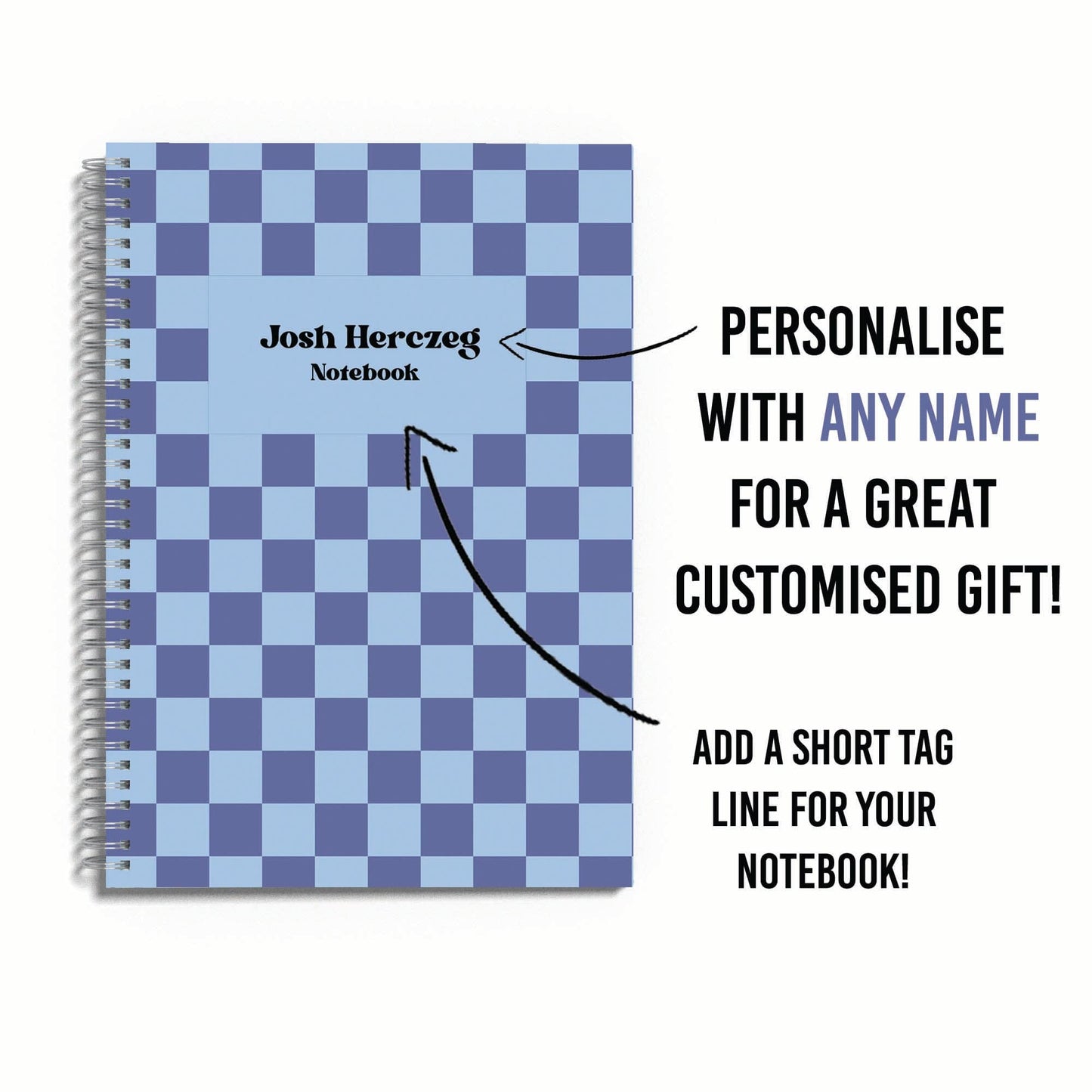 Personalised Blue Checkerboard Print A5 Spiral Bound Notebook