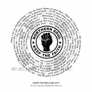 Northern soul song lyrics printed in a frame with personalised message