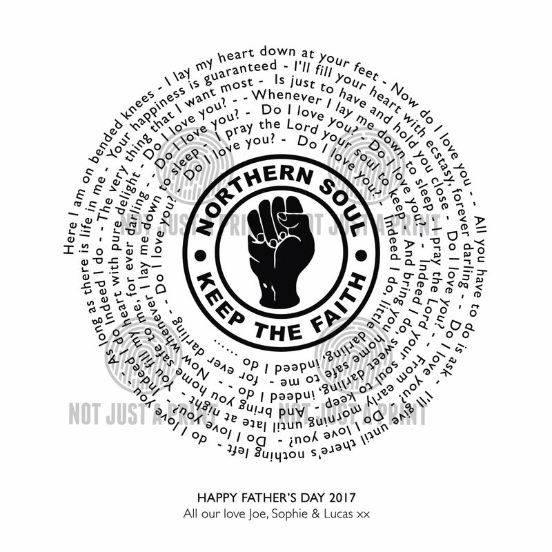 Northern soul song lyrics printed in a frame with personalised message