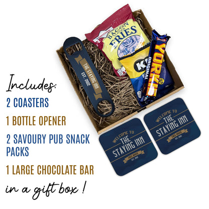 Mini Pub in a Box - Home Bar Set - Coasters, Bottle Opener & Snacks
