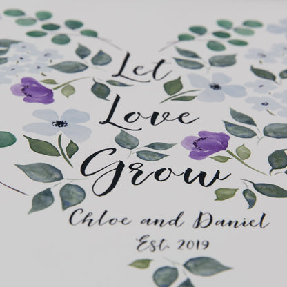 Romantic Wedding Gift For Couple - Let Love Grow Watercolour Flower Print Personalised - Gift For Her