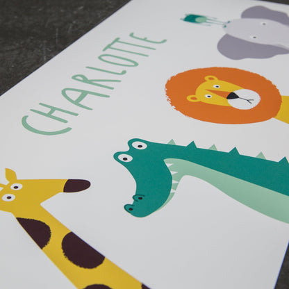 Modern Nursery Print - Jungle Animals Poster Personalised Lion Giraffe Elephant - Toddler Birthday