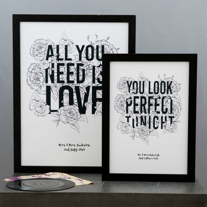 Wedding Anniversary Gift - Peonies Wrapped Around Song Lyrics Or Quote - Botanicals Gift For Her