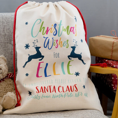 Customised Christmas Sack - Reindeer Themed With Mexicana Twist - Colourful Christmas Bag With Any Name