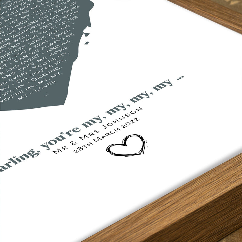A close-up view of a framed lyric print showing the bottom section of a gray heart design. The visible text reads, “Darling, you’re my, my, my, my ...” followed by personalized names “Mr & Mrs Johnson” and the date “28th March 2022.” A simple black hand-drawn heart sits below the text on a white background within a wooden frame.