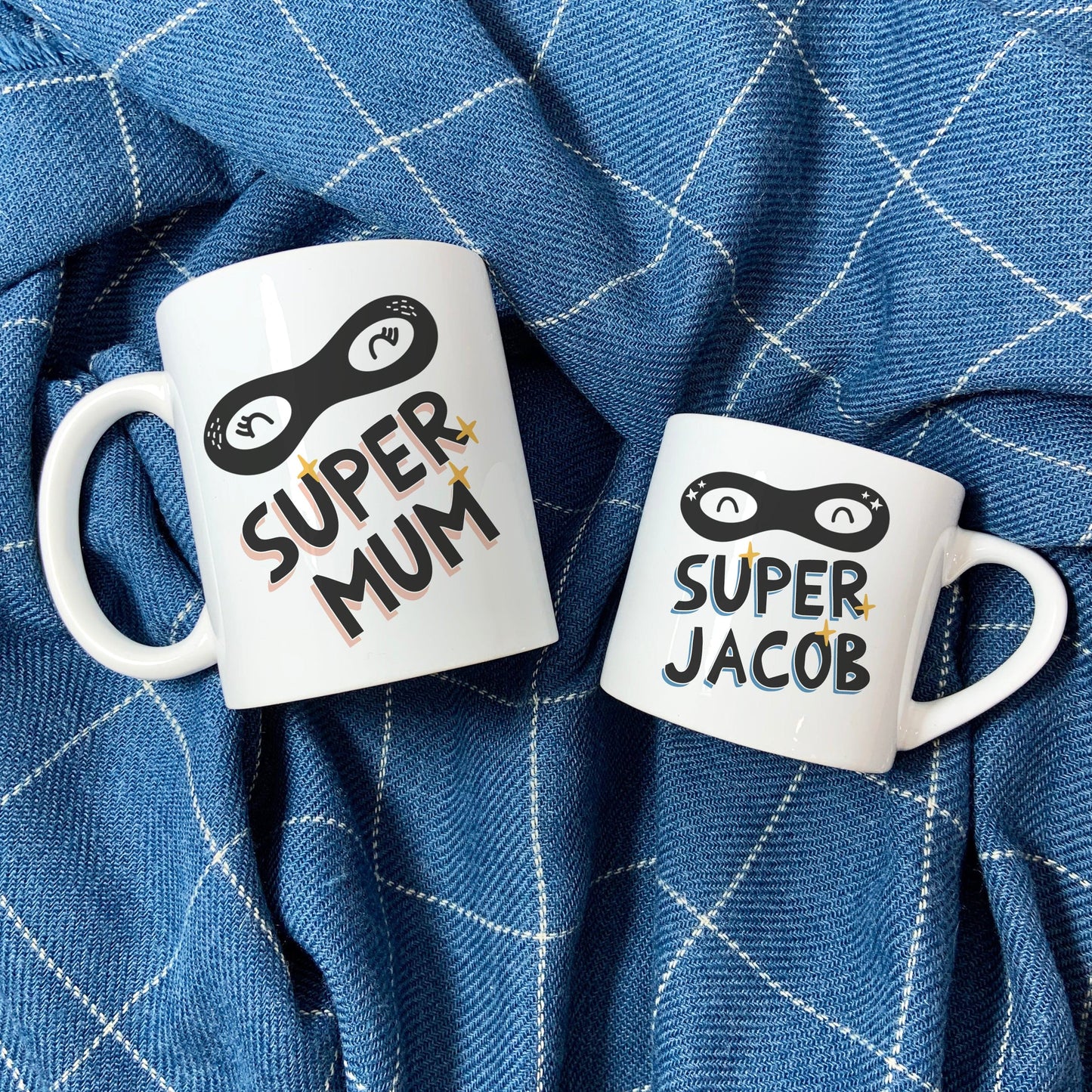 Super Hero Family Mug Set - Fun Mummy Daddy Baby Super Hero New Home Gift - Mama Papa Toddler Easter or Christmas Eve Present