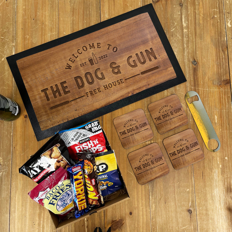 Personalised Bar Mat and Coasters Wood Accessories for a Home Bar