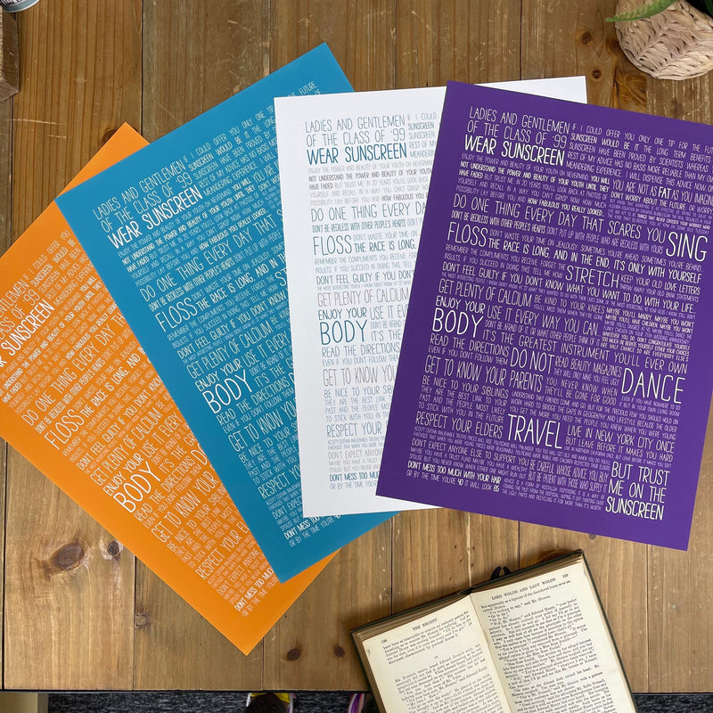 Graduation Gift - Baz Luhrmann Wear Sunscreen Class Of '99 Print - Leaving Or Good Luck Present