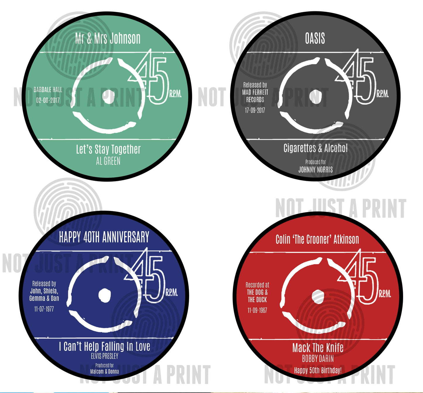 Vinyl record coasters showing details of someone's wedding