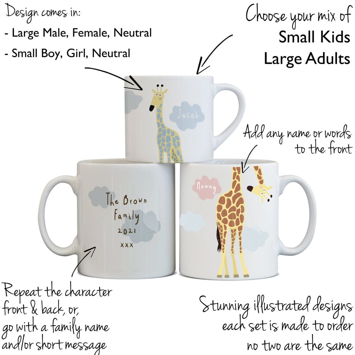 Giraffe Family Mug Set with Mini and Large Mugs Personalised