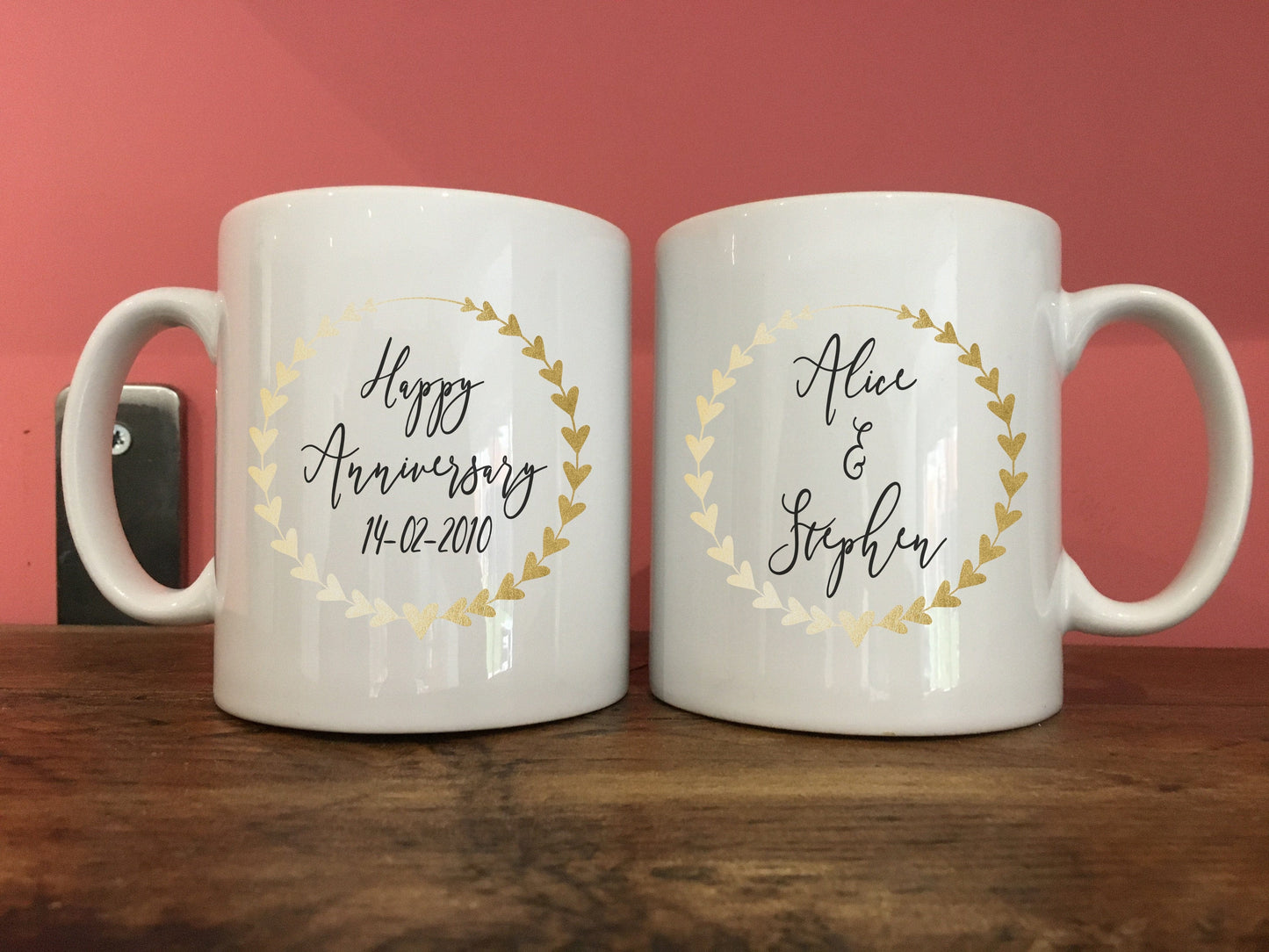 Mug Set In Gold Silver Bronze Copper Or Rose Gold - Personalised Heart Wreath - Ideal Milestone Anniversary Gift