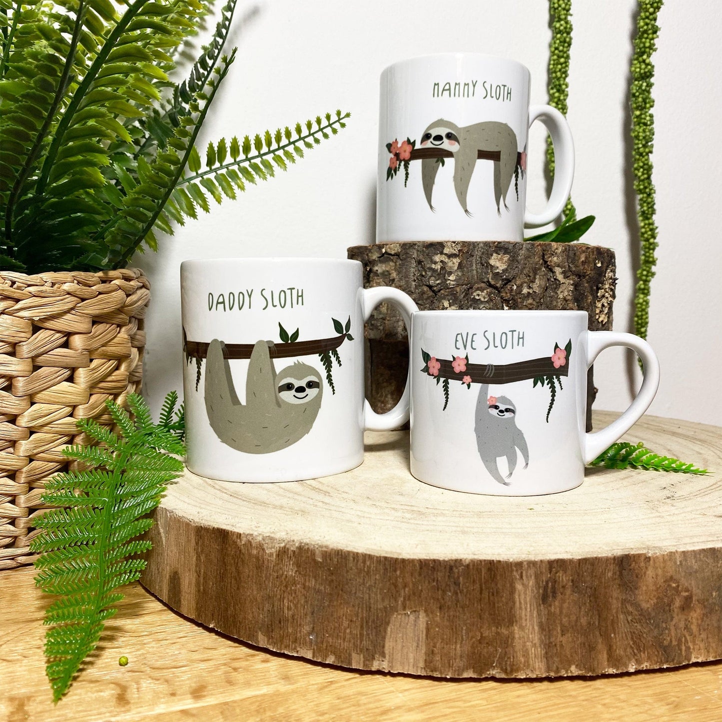 Sloth Family Mug & Coaster Set - Fun Personalised Mummy Daddy Baby Sloth New Home Gift - Mama Papa Toddler Mug Set Christmas Eve Present